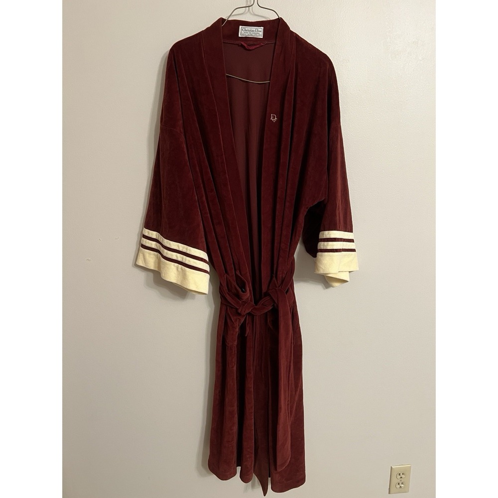 VTG Christian Dior Robe De Chambre Burgundy Lounge Belted Velvet Smoking